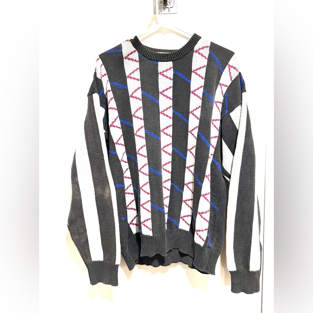 VTG 90s Private Club Cotton Sweater Sz:L Grandpacore Geometric Knit Crewneck.